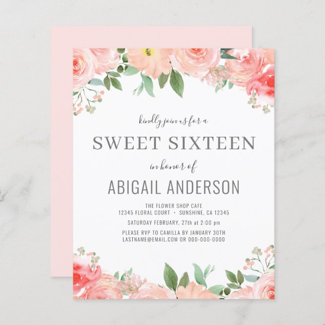 Budget Floral Girly Sweet 16 Anniversaire Invitati (Devant / Derrière)