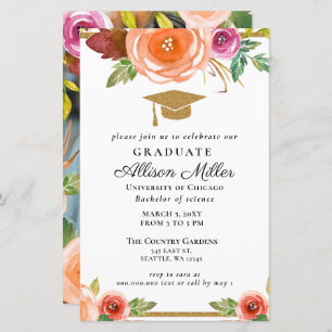 Budget Floral Gold Photo Graduation Invitation