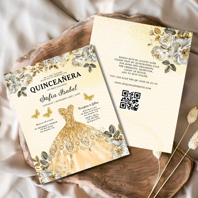 Budget Floral Gold QR Code Princess Quinceanera (Créateur téléchargé)