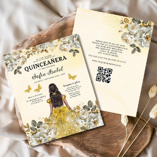 Budget Floral Gold QR Code Princess Quinceanera
