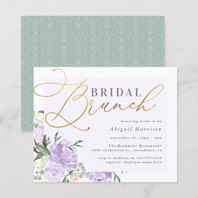 Budget Floral Gold Script Lavender Bridal Brunch (Devant / Derrière)