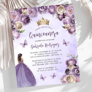 Budget Floral ivoire pourpre Quinceañera Invitatio