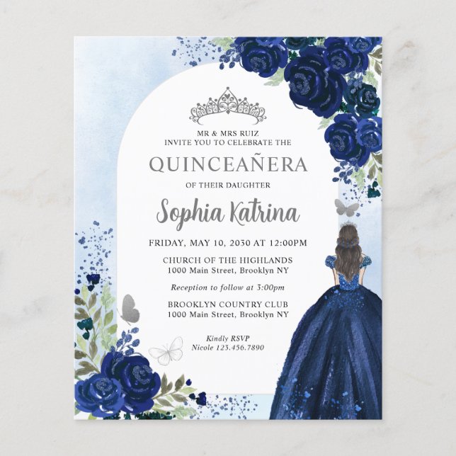 Budget Floral Marine Blue Grey Princess Quinceaner (Devant)