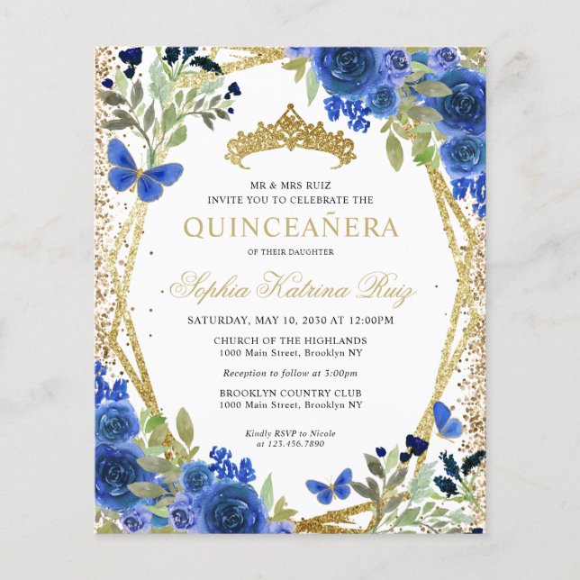 Budget Floral Marine Blue or Quinceañera Invitatio (Devant)