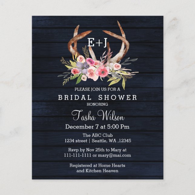 Budget Floral Navy Antler Bridal Shower Invitation (Devant)