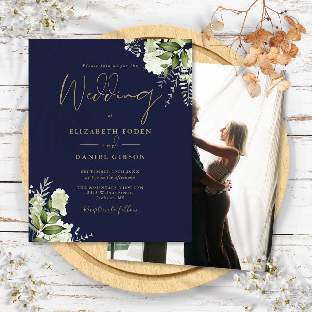 Budget Floral Navy Blue Gold Photo Wedding Invitat (Budget Floral Navy Blue Gold Photo Wedding Invite)