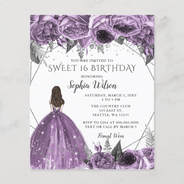 Budget Floral Purple Princess Sweet 16 Invitation (Devant)