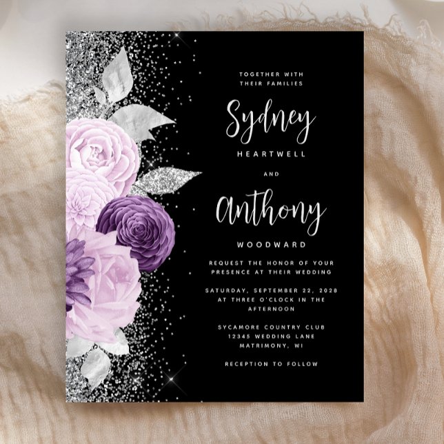 Budget Floral Purple Silver Mariage de script noir (Créateur téléchargé)