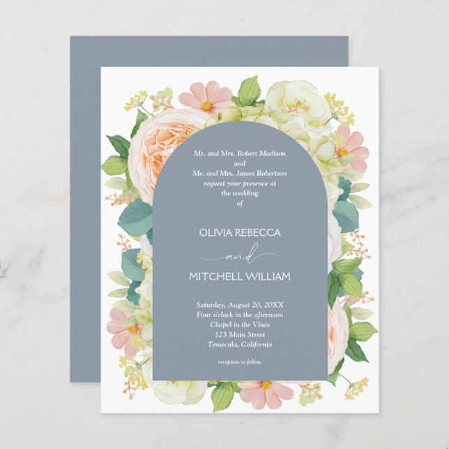 Budget Floral QR Code Dusty Blue Wedding Invite (Devant / Derrière)