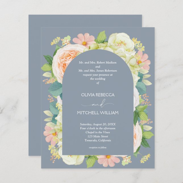 Budget Floral QR Code Dusty Blue Wedding Invite (Devant / Derrière)