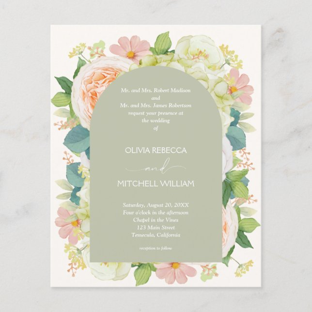 Budget Floral QR Code Sage Green Wedding Invite (Devant)
