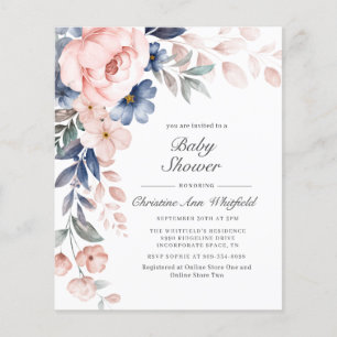 Budget Floral Rose Baby shower bleu Invitation