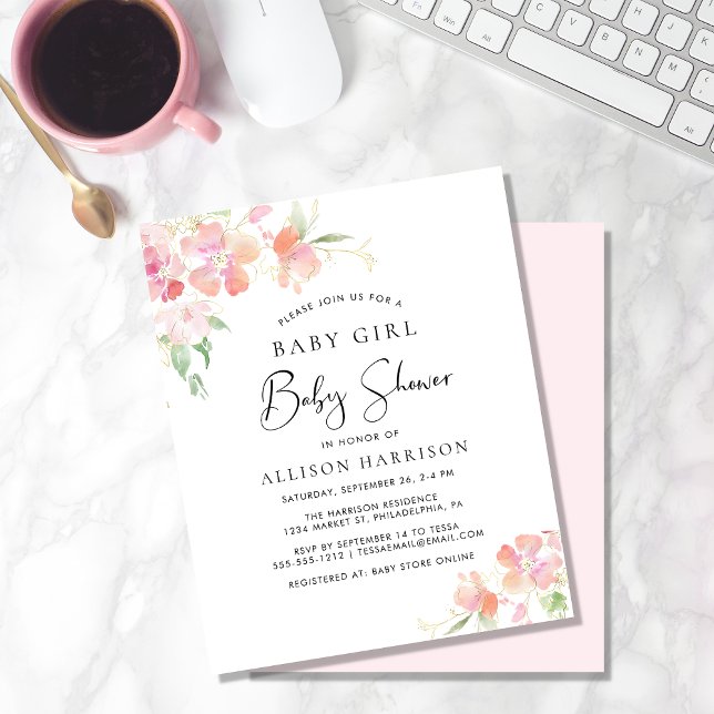 Budget Floral rose bébé fille douche Invitation (Créateur téléchargé)