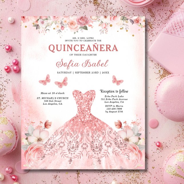 Budget Floral rose Bilingue Espagnol Quinceanera (Créateur téléchargé)