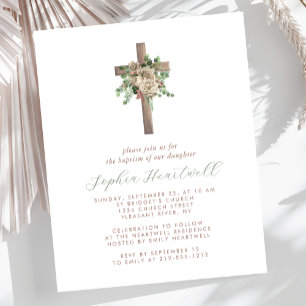 Budget Floral Rose Gold Cross Girl Baptism Invitat
