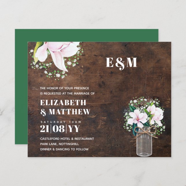 BUDGET Floral rose Magnolias Green Wedding Invitat (Devant / Derrière)
