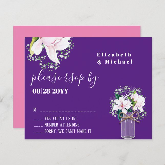 BUDGET Floral rose Magnolias Violet Mariage RSVP (Devant / Derrière)