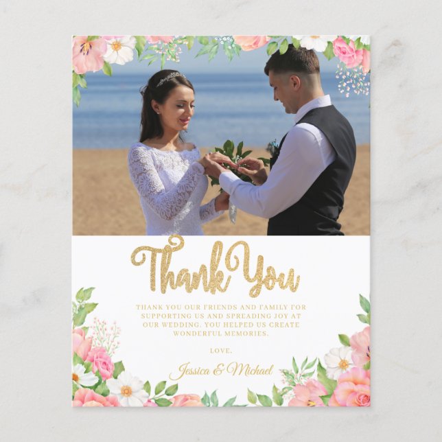 Budget Floral rose Mariage photo Carte de remercie (Devant)