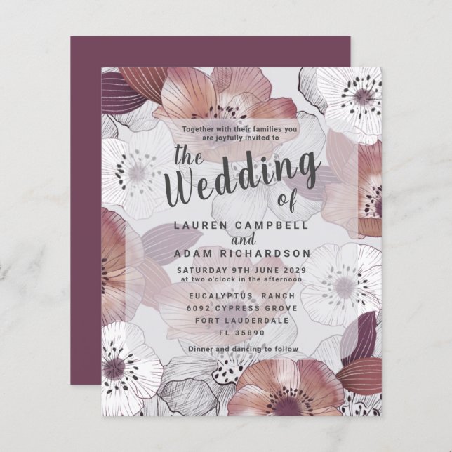 Budget Floral Rouge violet Faire-part de mariage (Devant / Derrière)
