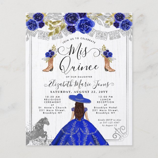 Budget Floral Royal Bleu Argent Charra Quinceanera (Devant)