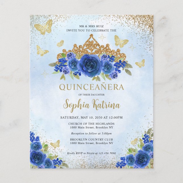 Budget Floral Royal Blue Gold Tiara Quinceañera (Devant)