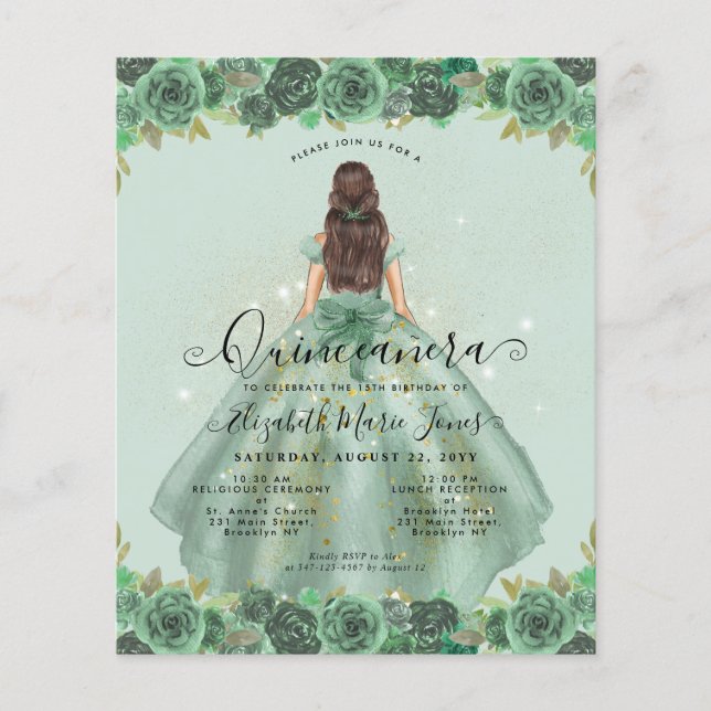 Budget Floral Sage Vert Or Princesse Quinceanera (Devant)