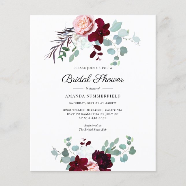 Budget Floral Script nuptiale invitation douche (Devant)
