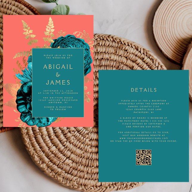 Budget Floral Teal Gold Coral QR Code Wedding (Créateur téléchargé)