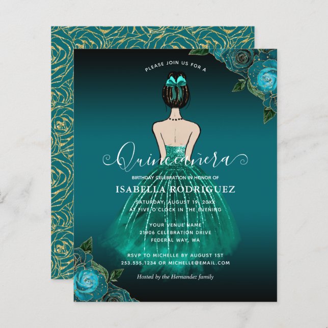 Budget Floral Turquoise Princesse Or Quinceañera (Devant / Derrière)
