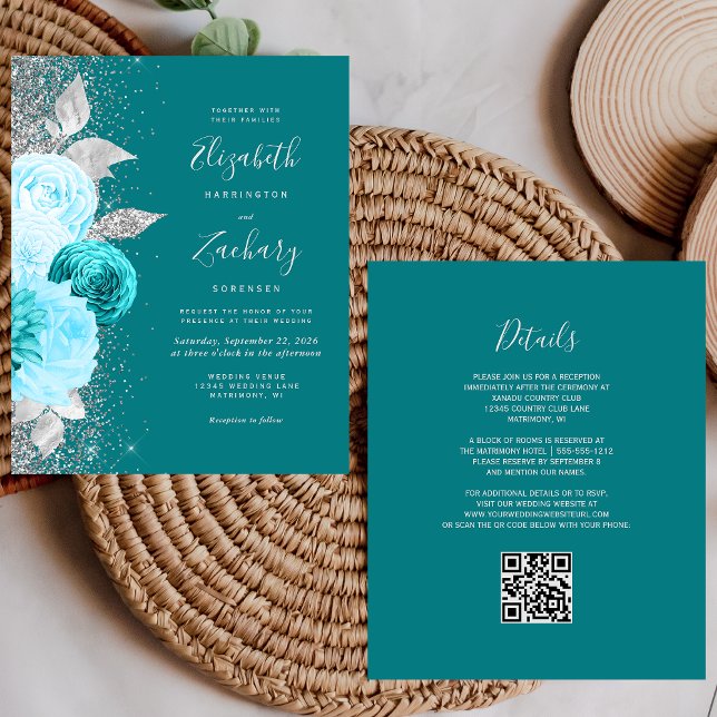 Budget Floral Turquoise Silver QR Code Mariage (Créateur téléchargé)