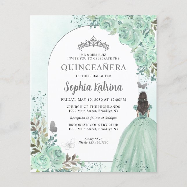 Budget Floral Vert Argent Princesse Quinceanera (Devant)