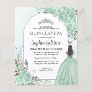 Budget Floral Vert Argent Princesse Quinceanera