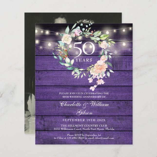 Budget Floral Wood 50e anniversaire Invitation pho (Devant / Derrière)