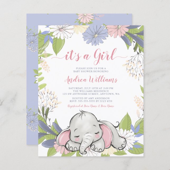 Budget Floral Wreath Elephant Girl Baby shower (Devant / Derrière)