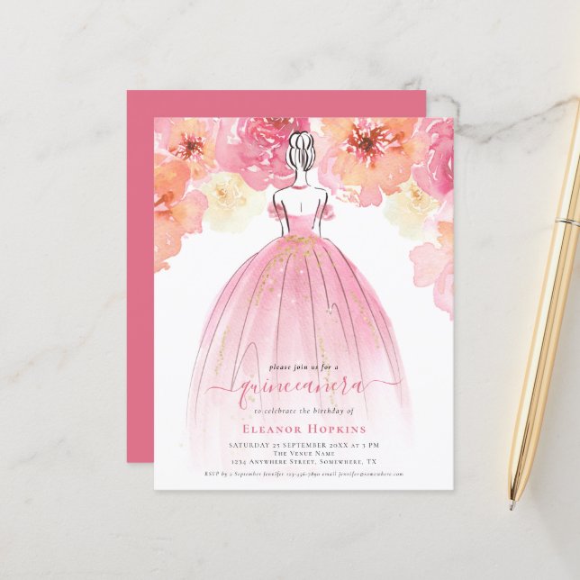 Budget Florals Robe Rose Quinceanera Invitation (Devant/Arrière en situation)