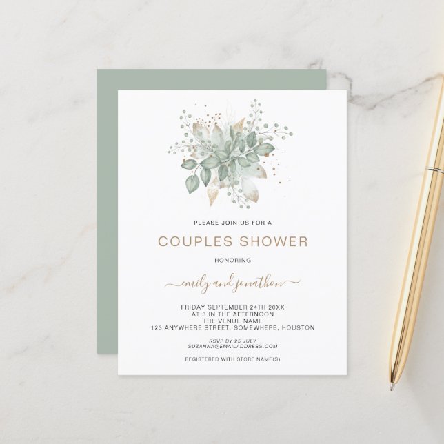 Budget Foliage Gold Sage Couples Douche Invitation (Devant/Arrière en situation)