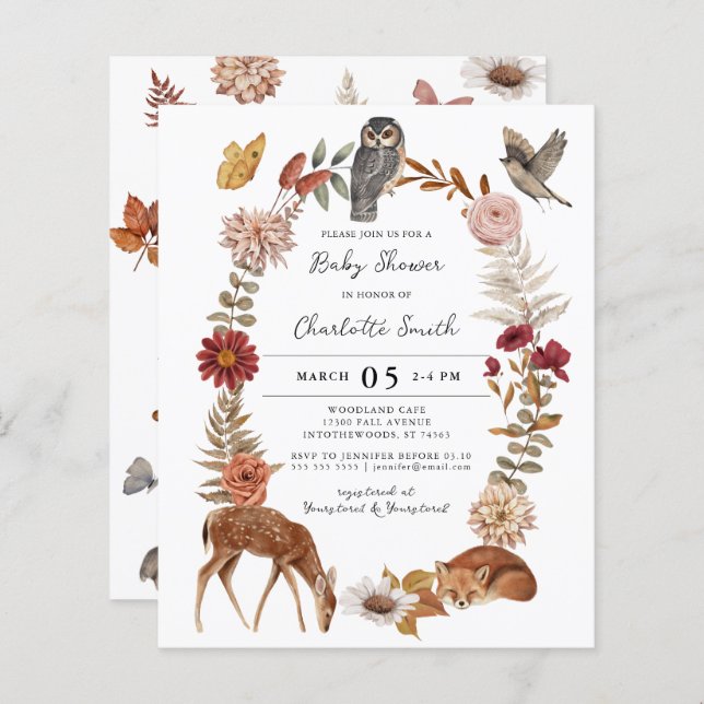 Budget Forêt de bois Animaux Baby shower Invitatio (Devant / Derrière)