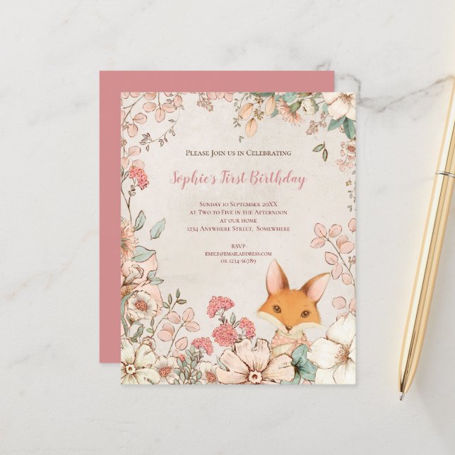 Budget Fox Floral Feuilles 1er anniversaire fille (Devant/Arrière en situation)