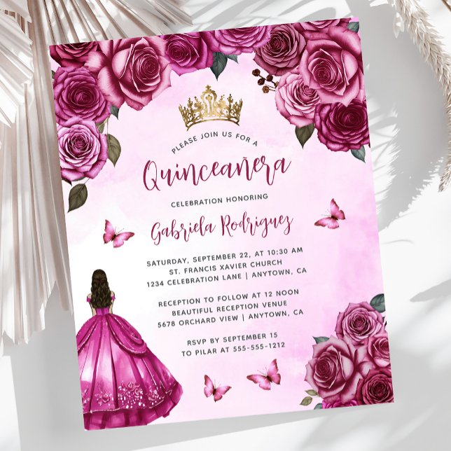 Budget Fuchsia rose Floral Quinceañera Invitation (Créateur téléchargé)