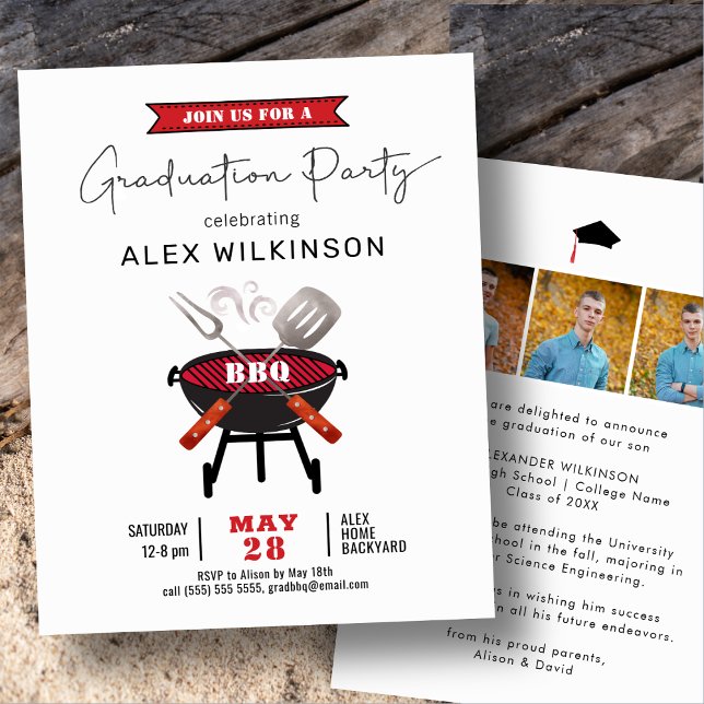 BUDGET Fun Rouge Script photo GRAD BBQ Invitation (Créateur téléchargé)