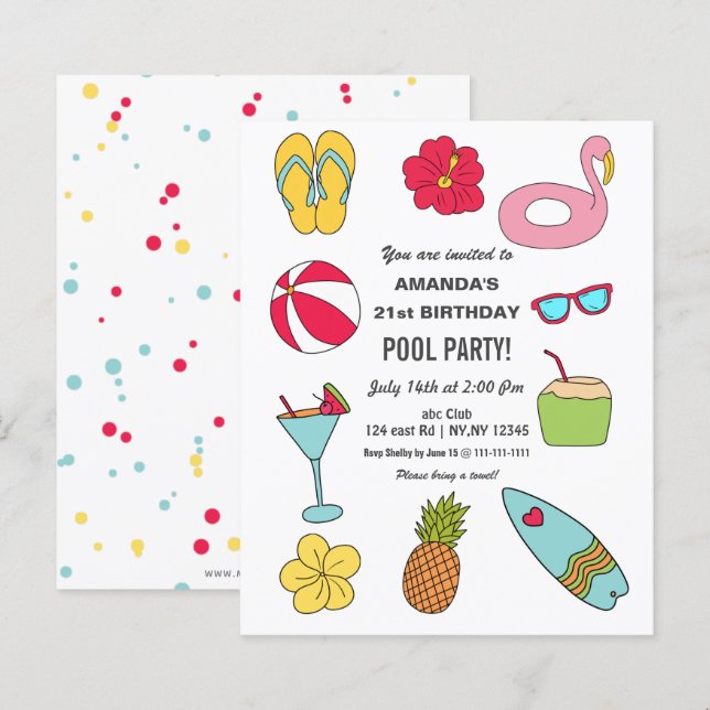 Budget Fun Summer Pool Party Birthday Invitation (Devant / Derrière)