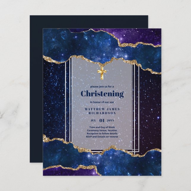 BUDGET Galaxy CHRISTENING Invitations Baptême Baut (Devant / Derrière)