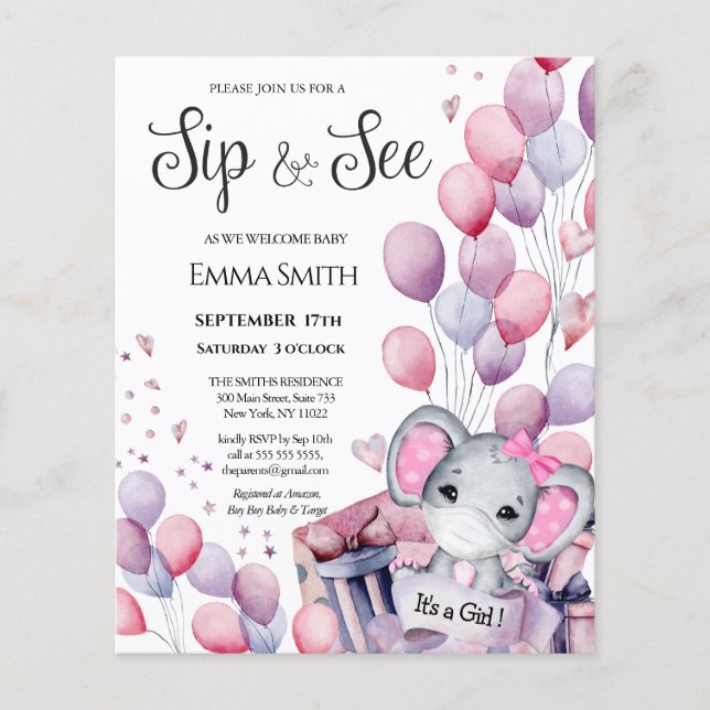 BUDGET Girl Baby Elephant Sip et voir l'invitation (Devant)