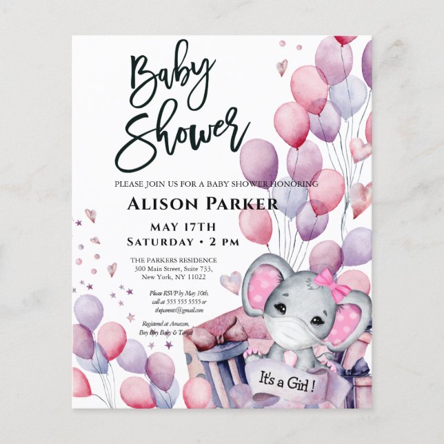 BUDGET Girl Elephant mignonne Baby shower Invitati (Devant)