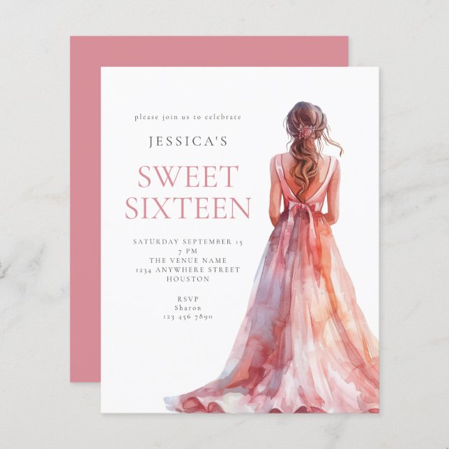 Budget Girl in Pink Gown Sweet 16 Anniversaire inv (Devant / Derrière)