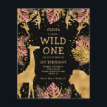 Budget Girls 1er anniversaire Pink Black Safari In<br><div class="desc">Cette invitation à la fête d'anniversaire de la fille "sauvage" du safari dans la jungle présente des animaux à fausse feuille d'or (girafe, lion et singes), du feuillage de la jungle dorée et rose, et un arrosage de confettis d'or sur un arrière - plan noir. Ajoutez le nom de la...</div>