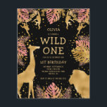 Budget Girls 1er anniversaire Pink Black Safari In<br><div class="desc">Cette invitation à la fête d'anniversaire de la fille "sauvage" du safari dans la jungle présente des animaux à fausse feuille d'or (girafe, lion et singes), du feuillage de la jungle dorée et rose, et un arrosage de confettis d'or sur un arrière - plan noir. Ajoutez le nom de la...</div>