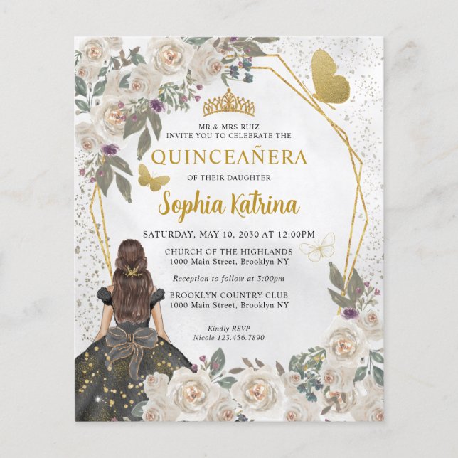 Budget Glam Black Gold Floral Princesse Quinceañer (Devant)