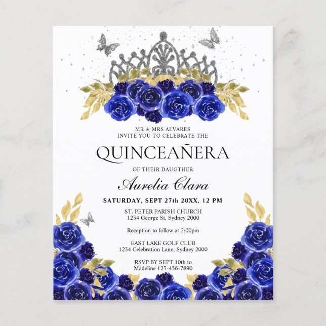 Budget Glam Blue Floral Argent Tiara Quinceanera (Devant)