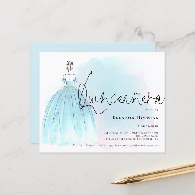 Budget Glam Blue Robe Quinceanera Invitation (Devant/Arrière en situation)